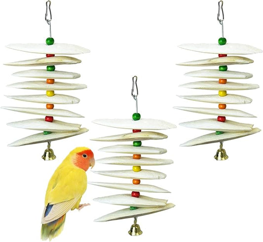3 Pack Bird Toys with Cuttlebone,Parrot Toy Bird Beak Grinding Stone Parakeet Cage Accessories for Small & Medium Budgies Lovebirds Cockatiels (Flake,8 Per Skewer)