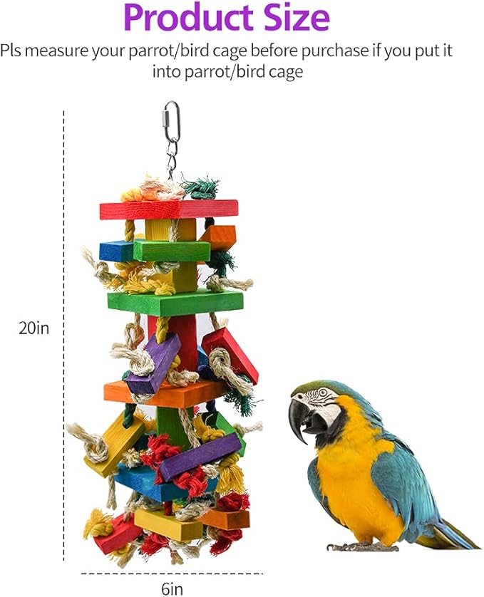 RUBY.Q Large Parrot Toy, 20in Bird Parrot Toy, Multicolored Natural Wooden Bird Chewing Toys for Large Macaws, African Grey and a Variety of Amazon Parrots