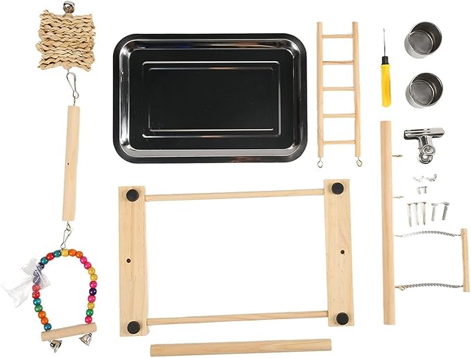 Bird Playground, Bird Play Stand Wood Gym Playpen Ladder Chewing Toys with Feeding Cups Exercise Activity Center