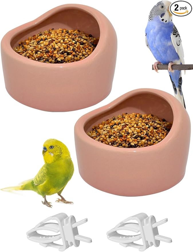 2 Pcs Bird Food Bowl Small Ceramic Bowls for Birds Parakeet Food Bowl Parrot Feeding Cups, Bird Cage Feeder with 2 Plastic Feeding Clips for Parakeets Conure Cockatiels Lovebird Budgie (Pink)