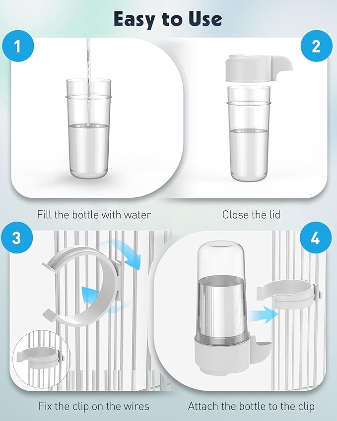 Pawfly 4 Pcs Bird Water Dispenser, Cage Accessories for Parrot & Hamster, Bird Feeder for Cage, White & Blue Waterer for Small Parakeet Cockatiel Budgie Lovebirds