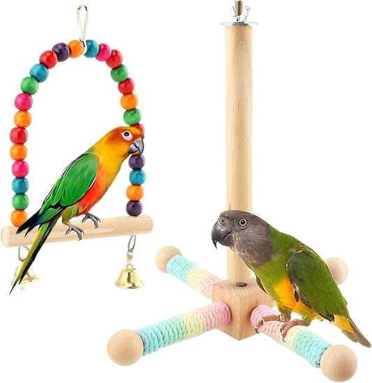 Hanging Bird Perch Toy, Parrot Interactive Rotating Perch, 360°Silent Free-Spin, Wooden Bird Cage Accessories for Standing, Climbing and Perching