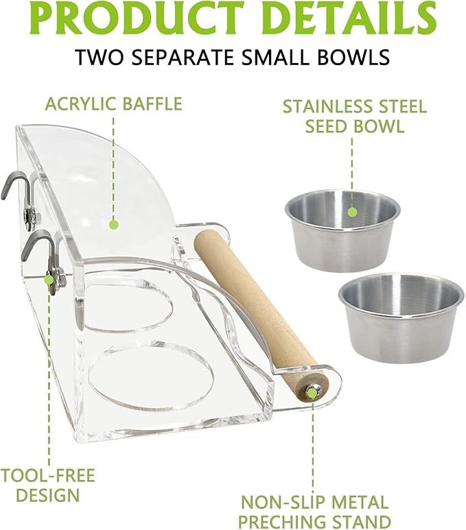 BNOSDM Bird Feeder for Cage with Double Stainless Steel Food & Water Bowls Anti-Slip Wood Perch Stand with No Mess Acrylic Seed Catcher for Parrot, Budgie, Parakeet, Lovebird, Canary, Finch (Hook)
