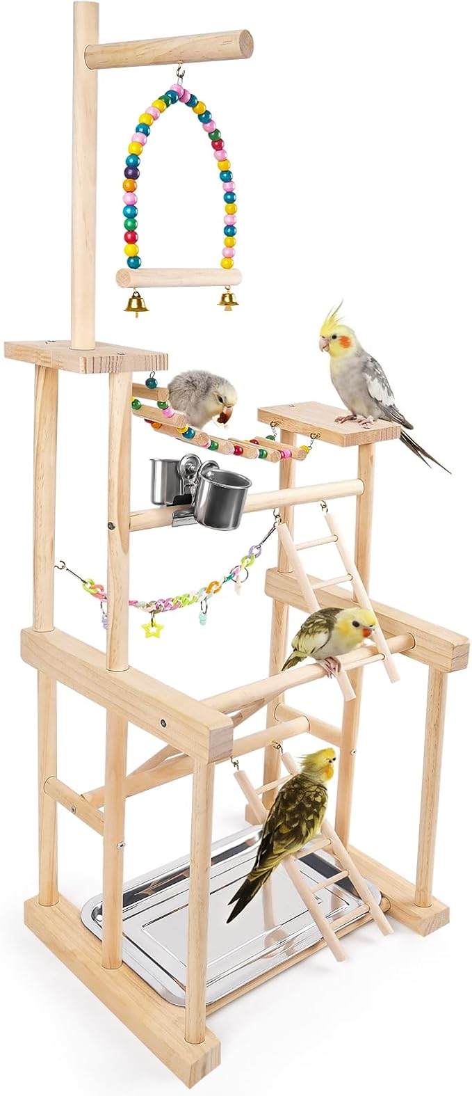 Bird Playground 4 Tier, Parrot Perch Stand Bird Play Stand with Feeder Cups, Ladder, Chain Toy, Swing and Detachable Tray, Parrot Playground for Parakeet Conure Cockatiel Lovebird Budgie
