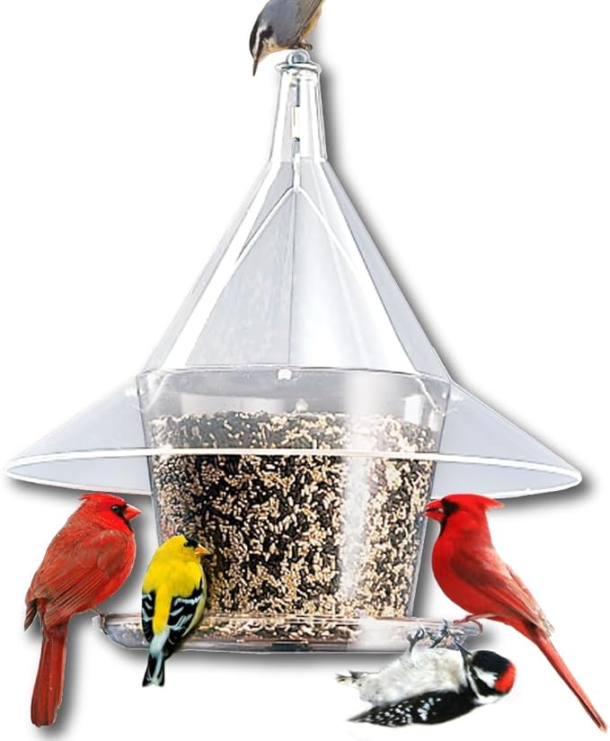 SKY CAFE - Squirrel Proof Bird Feeder for Outside - Large, 17 in. Diameter, 1.5 Gallon Birdseed Capacity - Made in USA by Arundale (Crystal Clear) - Free Mug