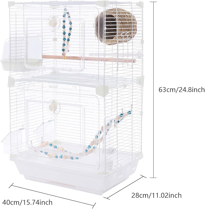 2-Door Wrought Iron Bird Cage Parakeet Cage with Handles, 25" H Parrot Cage Pet Birds Flight Cage w/Swing, 360° View Interactive Birdcages Bird House Travel Cages for 1-3 Birds (Transparent)