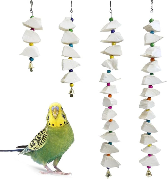 BNOSDM Bird Toys with Cuttlebone 4 Pack Hanging Cuttle Bone Chew Toys Natural Bird Beak Grinding Stone Parakeet Calcium Toys Bird Cage Accessories for Budgies Cockatiels Lovebirds Conures Parrots (12)