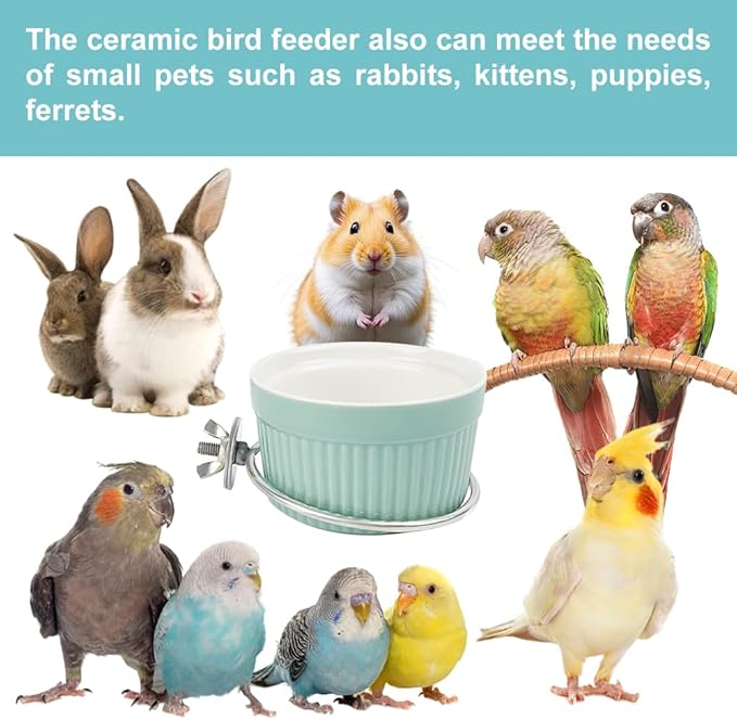 Bird Feeding Cups Parrot Food Cage Bowl Clamp Holder Coop Cup, Ceramic Bird Cage Water Bowl, Pet Feeder Cage for Parakeet African Greys Conure Cockatiels Lovebird Budgie-Blue