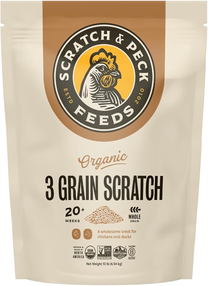 Scratch and Peck 3 Grain Scratch Chicken and Duck Supplemental Grain - 10 lbs Bag - Corn-Free and Soy-Free - 9.8% Protein, Certified Organic and Non-GMO Project Verified Chicken Food