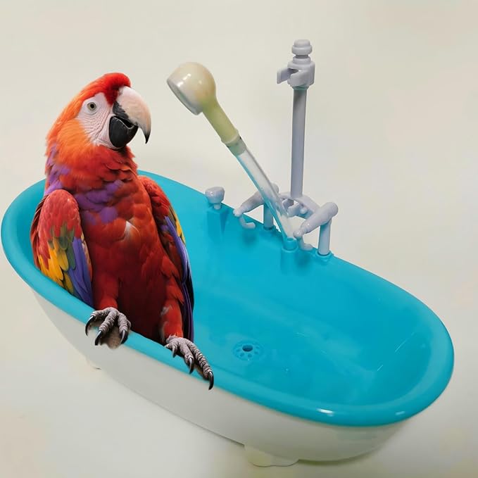 Cage Bird Bath & Shower for Parrots - Parakeet Bathtub Accessory with Spray, Fits Cockatiel Lovebirds, 8.78×4.53×3.35in (Blue)