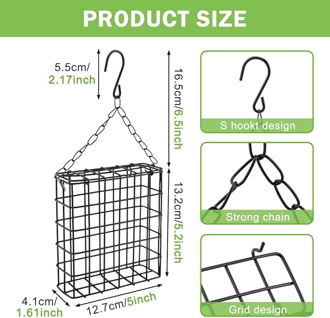 2Pcs Outdoor Suet Cage Bird Feeder, Hanging Wild Bird Feeder with Single Suet Cake Capacity, Multi-Use for Suet/Oranges/Nesting