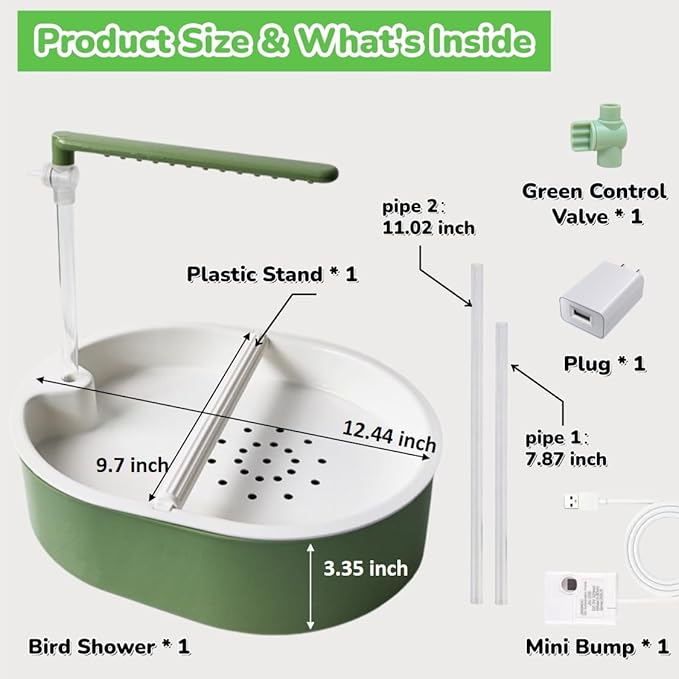 Bird Shower Parakeet Bath for Cage with Adjustable Water Flow Control Valve, Parrot Shower Bath for Budgies with Plug, Automatic Circulating Water Fountain for Pet Bird, Cockatiel, Conure(green pipe)