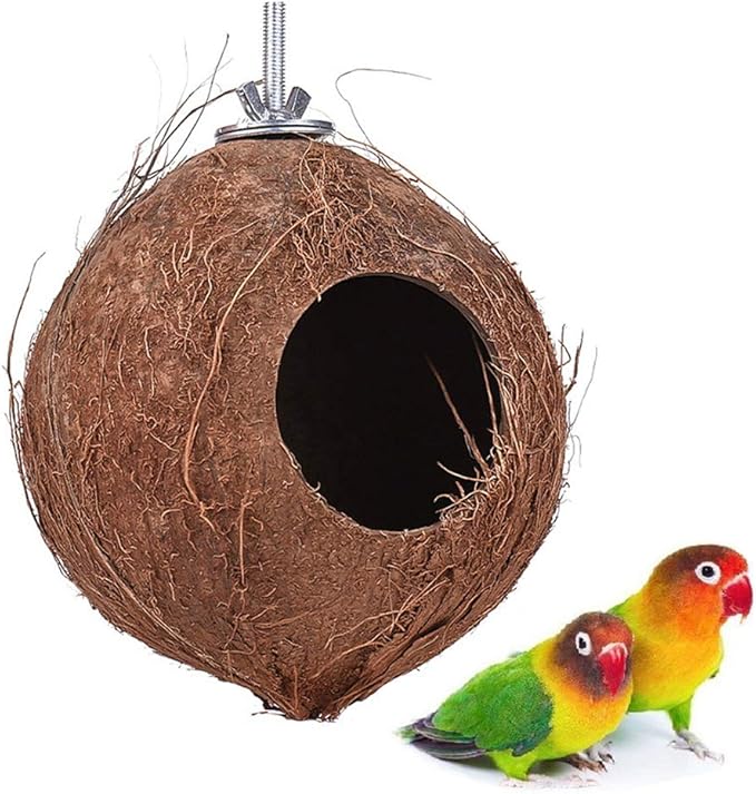 YJJKJ Pet Bird Natural Coconut Shell Bird House Parakeet Budgie Cockatiel Finch Sparrows Breeding Nesting Bird Aviary Cage Box Anti-Pecking Bite (Diameter:4.3")