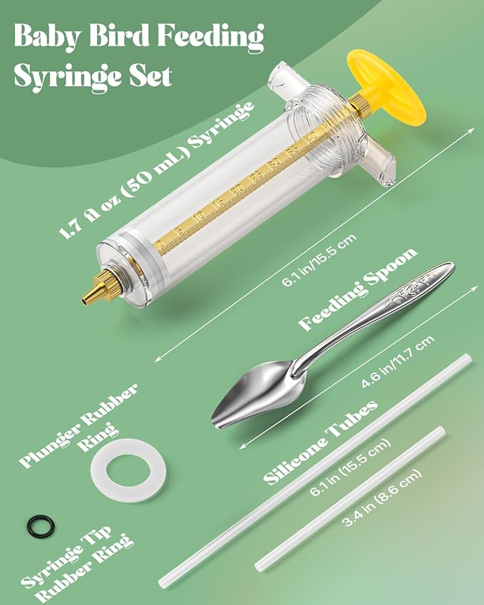 Pawfly 6 Pcs Baby Bird Feeding Syringe Set, 1.7 fl oz (50 mL) Hand Feeding Syringe for Birds, Parrot Syringe Feeder with Feeding Tubes & Spoon for Cockatiels, Parakeets & Budgies