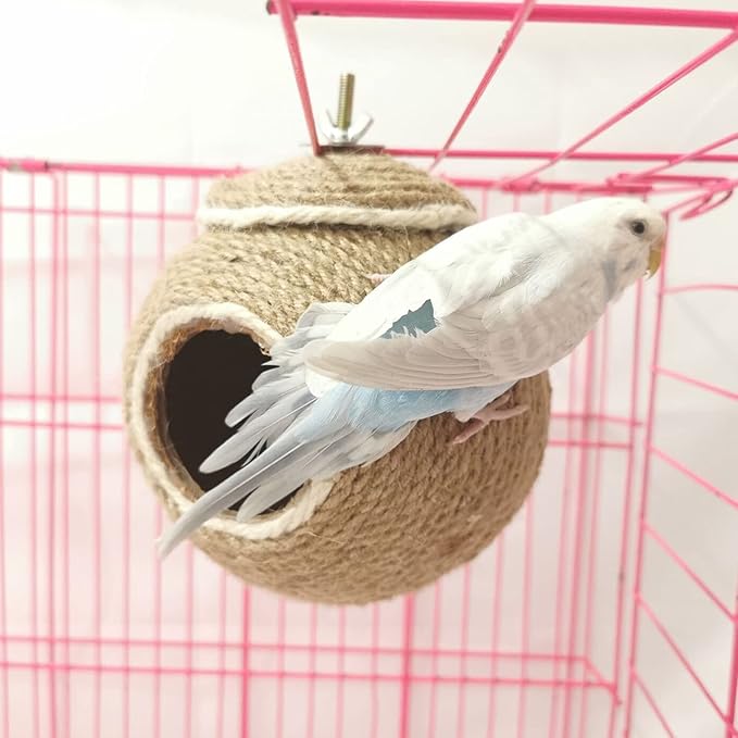 Sugar Glider House Natural Coconut Shell Hemp Rope Hut Hide Out Nest for Sugar Glider Hamster Squirrel Bird Parakeet,Cage Habitats Decor, Bird Cage Toy (Screw Fixed)