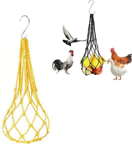 Chicken Vegetable Hanging Feeder, Chicken Vegetable String Bag, Poultry Fruit Holder Chicken Cabbage Feeder Treat Feeding Tool with S Hook for Hens Chicken Coop Toy for Hen Duck Accessories
