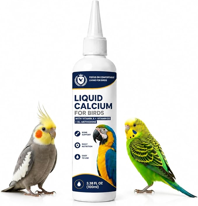 Liquid Calcium for Birds, Calcium Drops with Vitamin D3 for Parrots, Cockatiels & Budgies, Bird Calcium Supplement for Strong Bones, Healthy Feathers & Daily Nutrition, 3.38 FL OZ