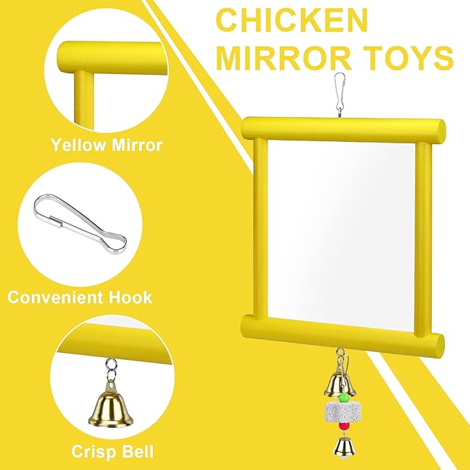 1 Pieces Chicken Mirror Toys Large 12 x 10 Inch Hanging Swing Mirror with Bell Wooden Pecking Toy and 2 Pieces Beak Grinding Molar Stones for Hens Birds Parrots Coop Roosters(Yellow)