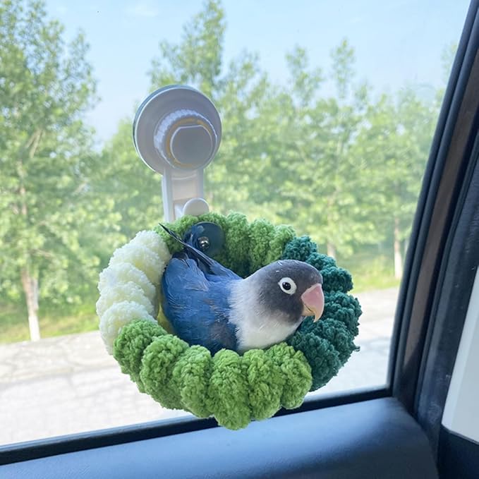 2 in 1 Bird Nest with Removable Suction Cup, Vehicle-Mounted Bird Nest for Travel, Bird Plush Nest for Birdcage, Coral Velvet Warm Nest for Parrot Budgie Lovebird Conure Quaker (Large,Green)