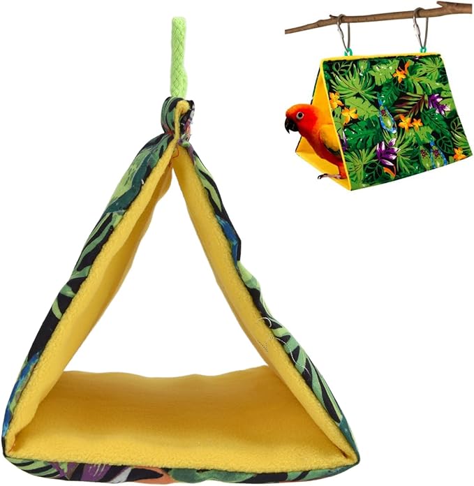 Bird Nest Snuggle Hut, Bird Nest Tropical Rainforest Printed Triangle Parrot Hammock Hanging Sleeping Bed for Birds Parakeet Cockatiels Parrot Winter Warm Bed Pet Pouch Cotton