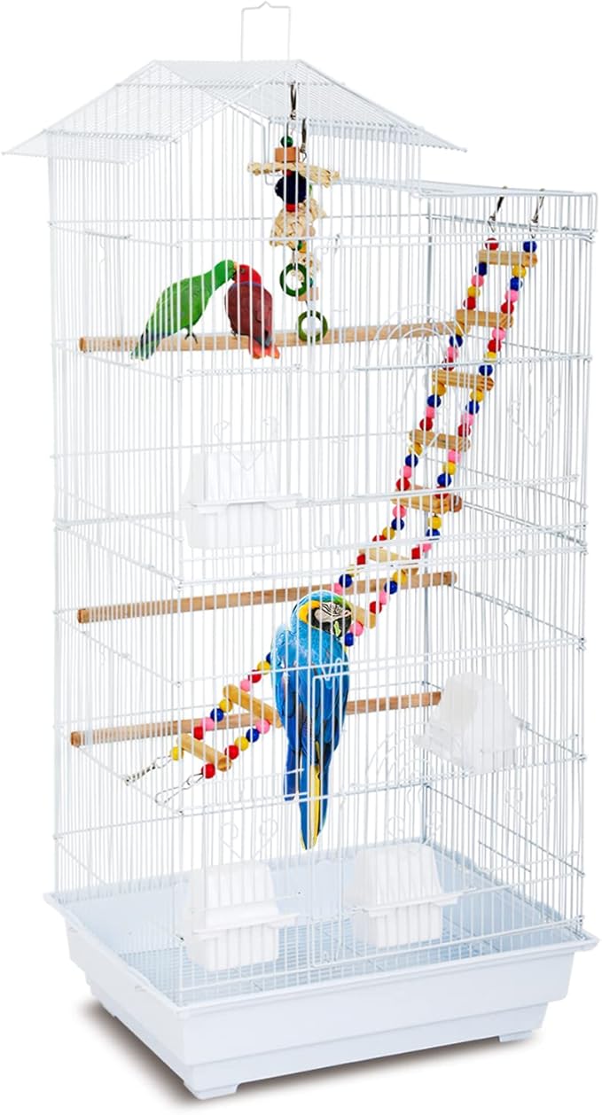 HCY 39 Inches Bird Cage Roof Top Large Flight Parrot Bird Cage with Toys for Small Medium Birds, Cockatiel,Parakeets,Parrot,Lovebirds, Finch,Canary Pet Bird Cage(White)