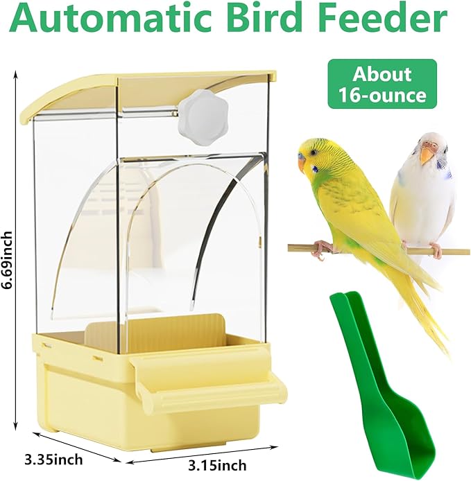 Hamiledyi Automatic Bird Feeder No Mess Bird Cage Feeder Transparent Acrylic Parrot Seed Food Container with Perch Cage Accessories for Parakeet Finch Lovebirds Budgies Canary (Yellow)