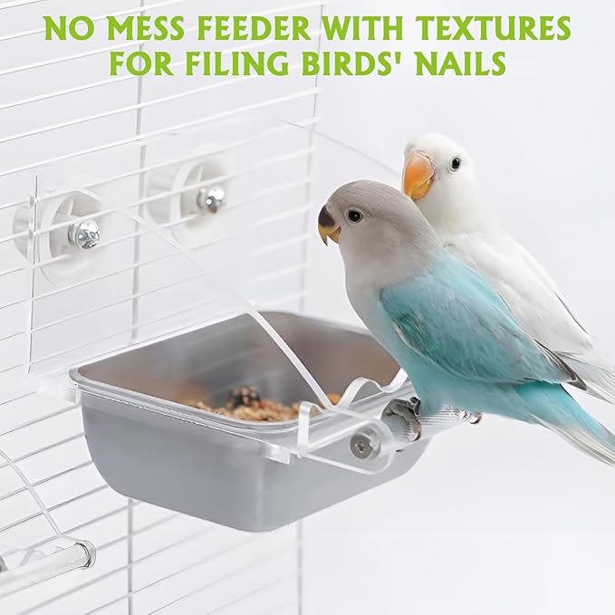 BNOSDM Bird Feeder for Cage with Stainless Steel Food & Water Bowl Acrylic Parakeet Seed Dishes with Anti-Slip Perch Stand for Parrot, Cockatiel, Lovebird, Canary, Finch,Conure,Cockatoo, Pigeon