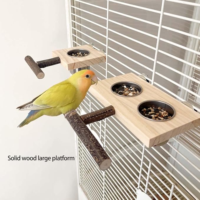 Bird Food Stainless Steel Cups Wooden Perch Stand Hanging Feeder Bowls Feeding and Watering Supplies for Parakeets Conures Cockatiels Budgie Parrot (with One Cup)