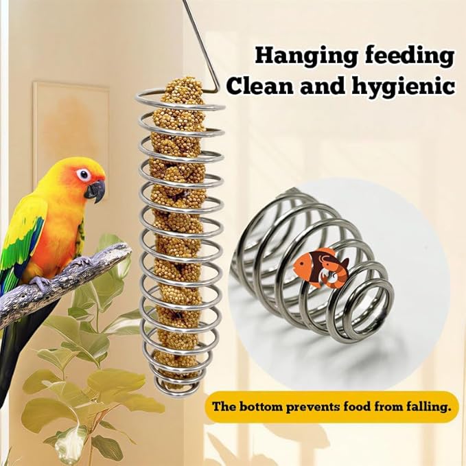 2 Pack Bird Treat Holder for Cage, Stainless Steel Spiral Bird Feeder for Parakeets, Hanging Millet Holder for Fruit, Vegetables and Bird Foraging Toy 6.3 Inch