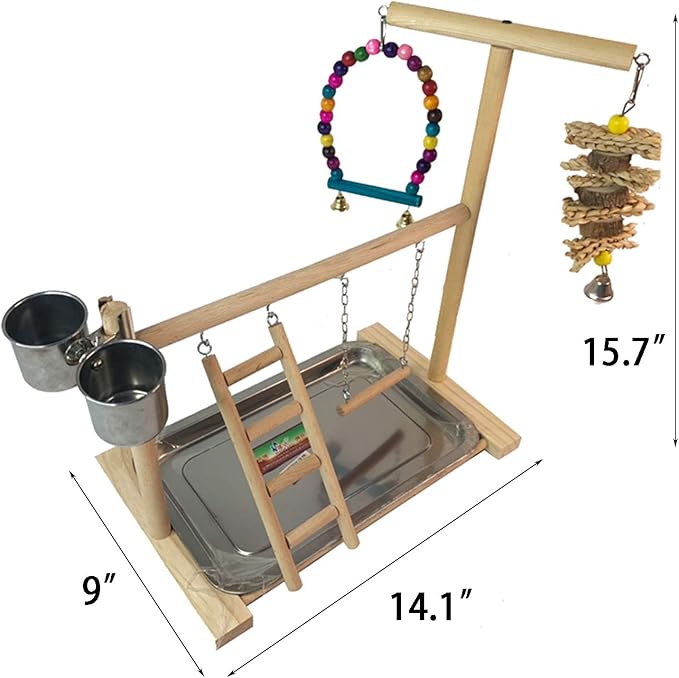 Hamiledyi Parrot Playground Bird Play Stand Play Gym with Feeder Cups,Swings, Ladder and Tray, Wood Parakeet Playground Outside Cage for Cockatiel Lovebird Budgie