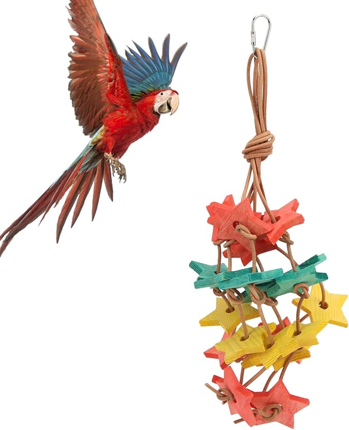 Shanrya Parrot Wooden Bite Toy, Bite Reducing Stress Wood Star Bird Chew Toy for Cockatiel for Parakeet for Bird Exercise Color