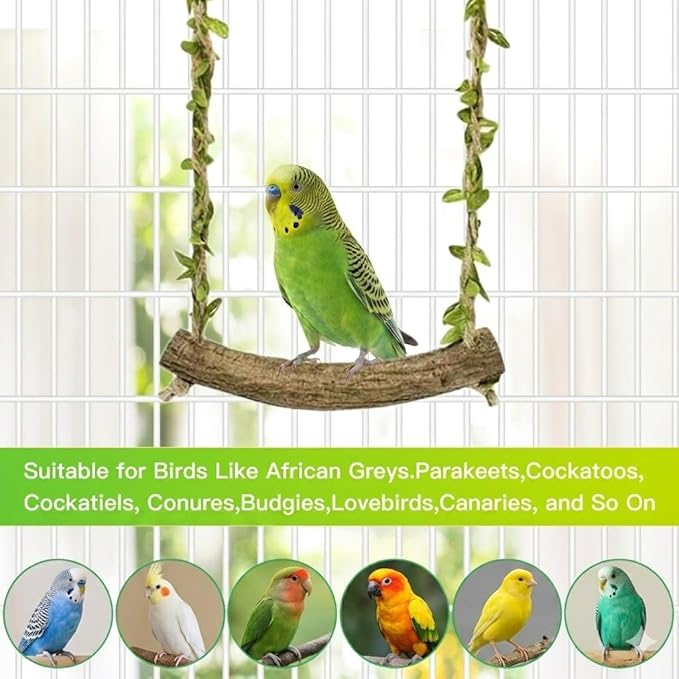 Natural Wood Bird Swing Perch with Decorative Leaves - 7.1" Durable Bird Stand Platform Toy for Cage, Hanging Budgie Parakeet Hammock Accessories for Lovebirds, Cockatiels, Conures, Finches