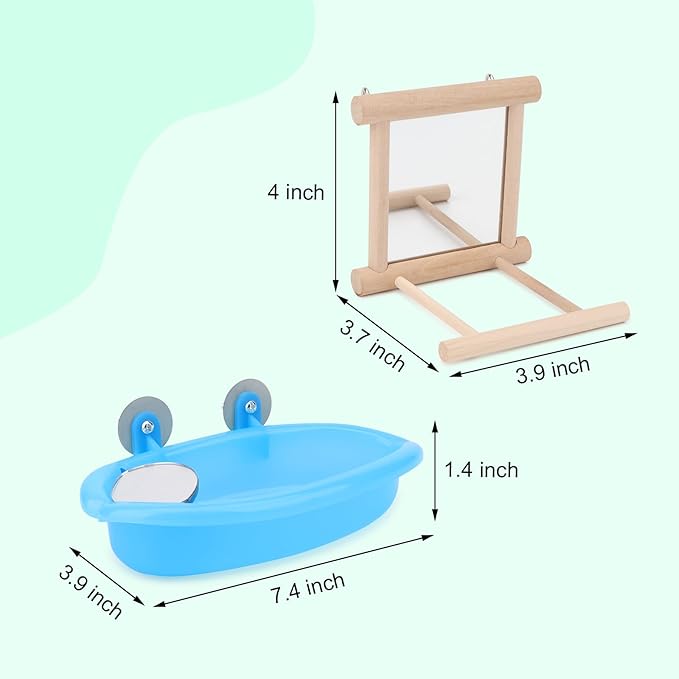 Wontee Bird Bath Parrot Bathing Tub Bird Mirror with Perch Toys for Budgies Parakeets Cockatiels Lovebirds Finches Canaries (Blue (B))
