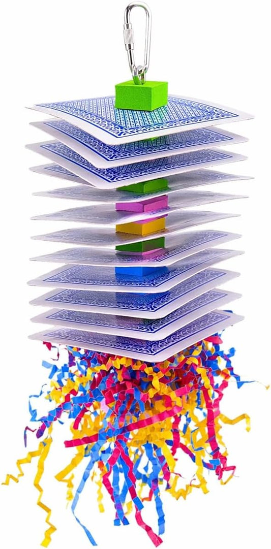 Bonka Bird Toys 1472 Poker 8" x 3.5" Paper Cards Crinkle Shred Foam Beads Wire Core Hanging Toy for Small Medium Birds Like Conures Senegals Caiques Meyers Foraging Chewing Enrichment