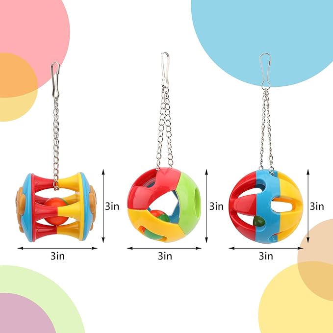 Hypeety Parrot Colorful Ball Toys with Bell Cage Hanging Chewing String for Parakeet Conure Cockatiel Small Medium Birds (C)