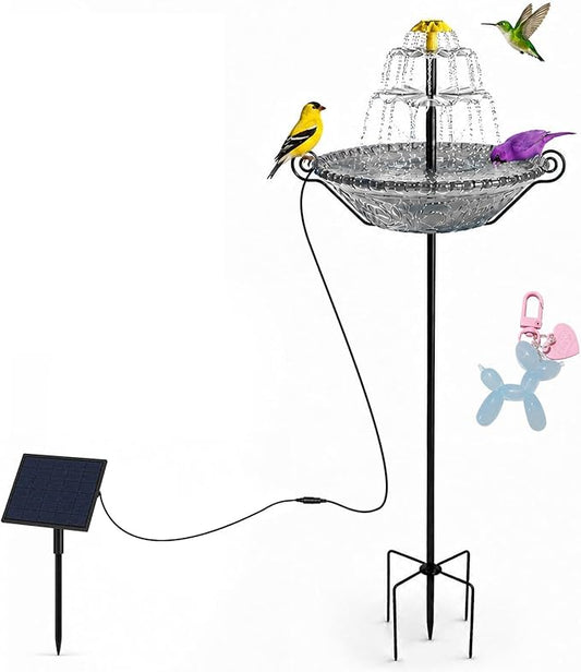 Bird Bath for Outside with Solar Fountain, Plastic Bowl on Metal Stake and Ground Stand, Freestanding Garden Accent for Yard and Patio (Gray(L))