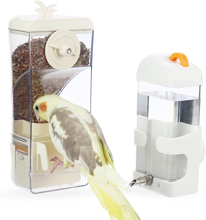 No-Mess Bird Feeder & Waterer Set for Cage, 300ml Auto Feeder with Seed Hull Catcher & 400ml Stainless Steel No-Backflow Drinker, for Cockatiels Conures Parakeets