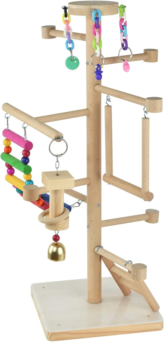 Bird Playground Large Tabletop Parrots Play Gyms Parakeets Play Stands Perches Conures Chewing Toy Natural Wood Playpen Platform Ladder Swing Activity Center for Cockatiels Budgies Lovebirds