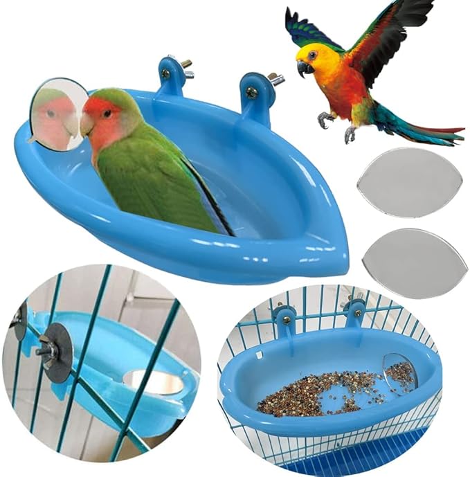 2PCS Bird Bath Tub Plastic Bird Bath Toy Bird Cage Accessories with Mirror for Pet Parrot Parakeet Cockatiel
