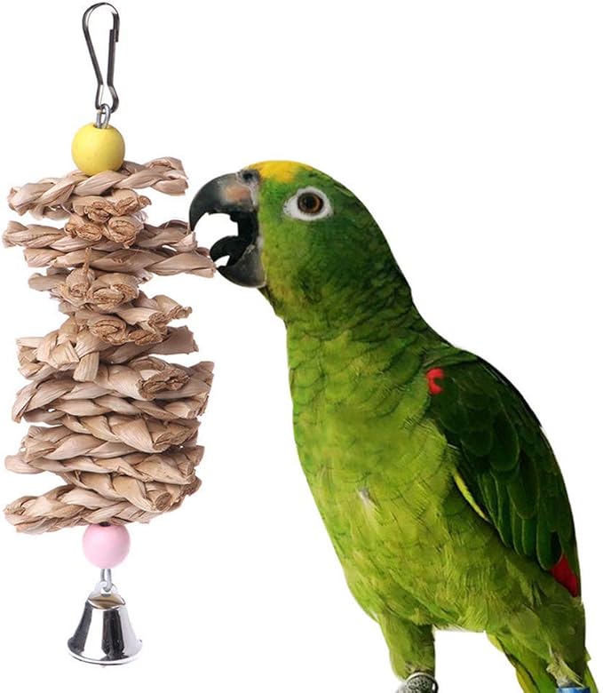 Parrot Bird Chewing Toys Dry Straw Natural Wooden Grass Chew Bite Hanging Cage Bell Swing Climb Chew Toys Parakeets,Cockatiels,Lovebirds Foraging Toys Bird Supplies