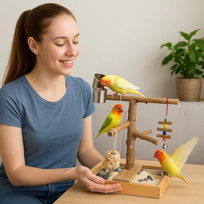 Bird Perch Stand, Natural Wood Bird Perch Stand, Wooden Parrot Perch Stand Fork Toys Hanging Multi-Branch Rope Perch Platform Hammock Swing Toy Chewing Stick Cage Accessories