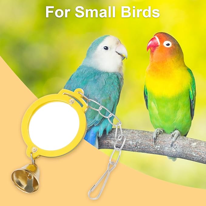 Pet Bird Mirror with Bell Interactive Treat Puzzle Parrot Toy Bird Cage Mirror Small Bird Swing Chew Toys Fun Cage Accessories (Color Random) (Round Shape)