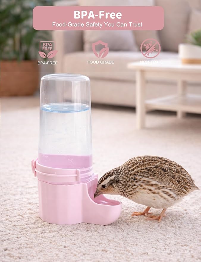 Quail Chick Waterer with Anti-Drowning Shallow Tray, 16.6 fl oz Automatic Gravity Button Quail Waterer, Hanging or Free-Standing Bird Water Dispenser for Wire Mesh Cages and Brooders (Pink)