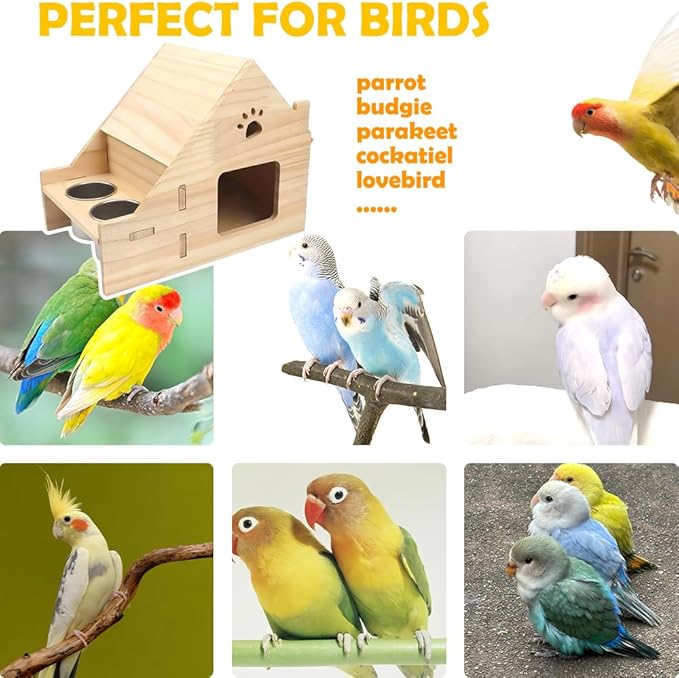 DQITJ Bird Wooden Nest with 2 Pcs Stainless Steel Food Bowl Cage Breeding House for Small Bird Conure Lovebird Finch Parrot Parakeet Cockatiel Budgie