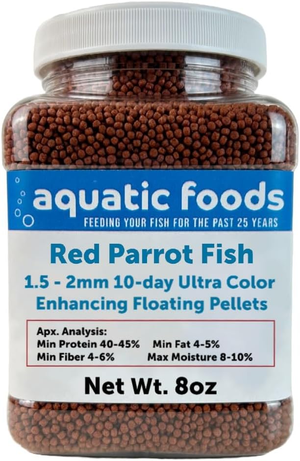 Red Parrot Fish Ultra Red Color Enhancing 1.5mm-2mm Floating Pellets. Color Enhancing in 10-Days for Baby, Juvenile and Adult Red Parrots…8oz Small Jar