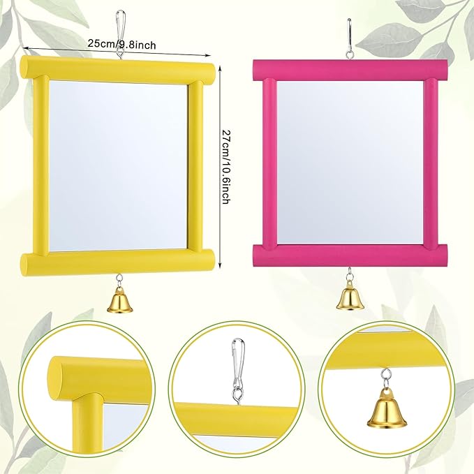 Sadnyy 2 Pcs Chicken Mirror Toys Extra Large 10.6 x 10 Inch Big Hanging Swing Double Side Mirror with Bell Wooden Pecking Toy for Hens Birds Parrots Coop Roosters (Square, Yellow & Rose Red)