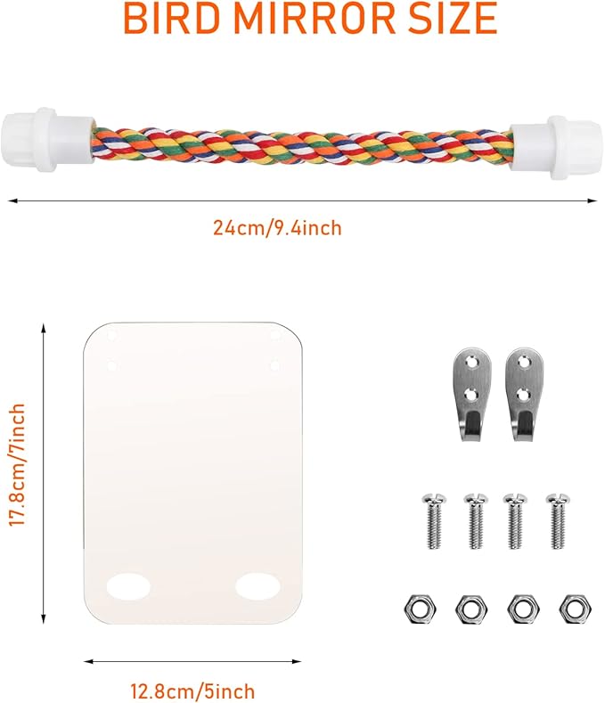 7‘’ Bird Mirror for Cage, Coolrunner Bird Parrot Mirror with Rope for Cockatiel Conures, Lovebirds, Parrot, Canaries, and Budgies