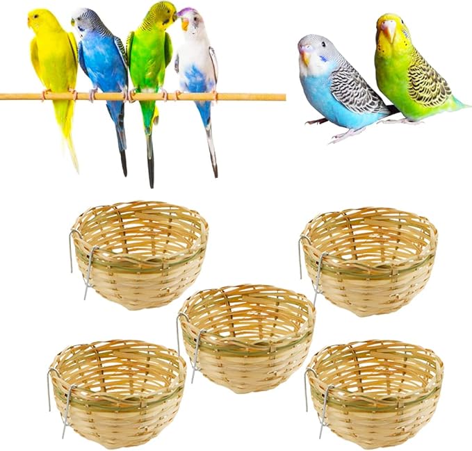 VTurboWay 5 Pack Bird Bamboo Nest, Handwoven Natural Bird Cage House Hatching Breeding Cave with Hook, Country-Style for Small Bird Parrot Canary Swallow Finch
