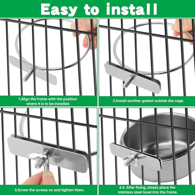 2Pcs Stainless Steel Bird Feeding Bowls with Feeding Spoon,Parrot Food Bowl Cage with Clamp Holder,Birdcage Coop Water Feeder for Cockatiel Parakeet Macaw Finches Small Animals