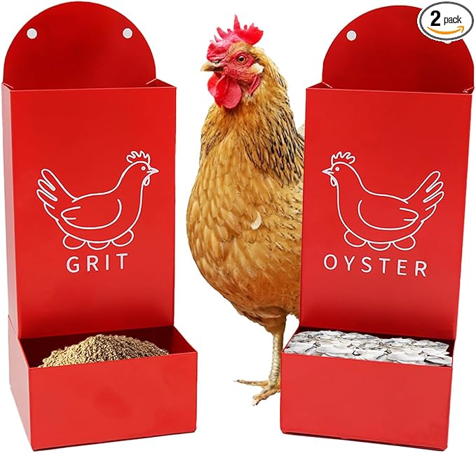 Chicken Coop Accessories, 2 Pack Red Metal Grit and Oyster Shell Feeder with Screw and Plastic Cable Tie, Chicken Feeder for Hen, Duck, Geese, Turkey and Other All Poultry